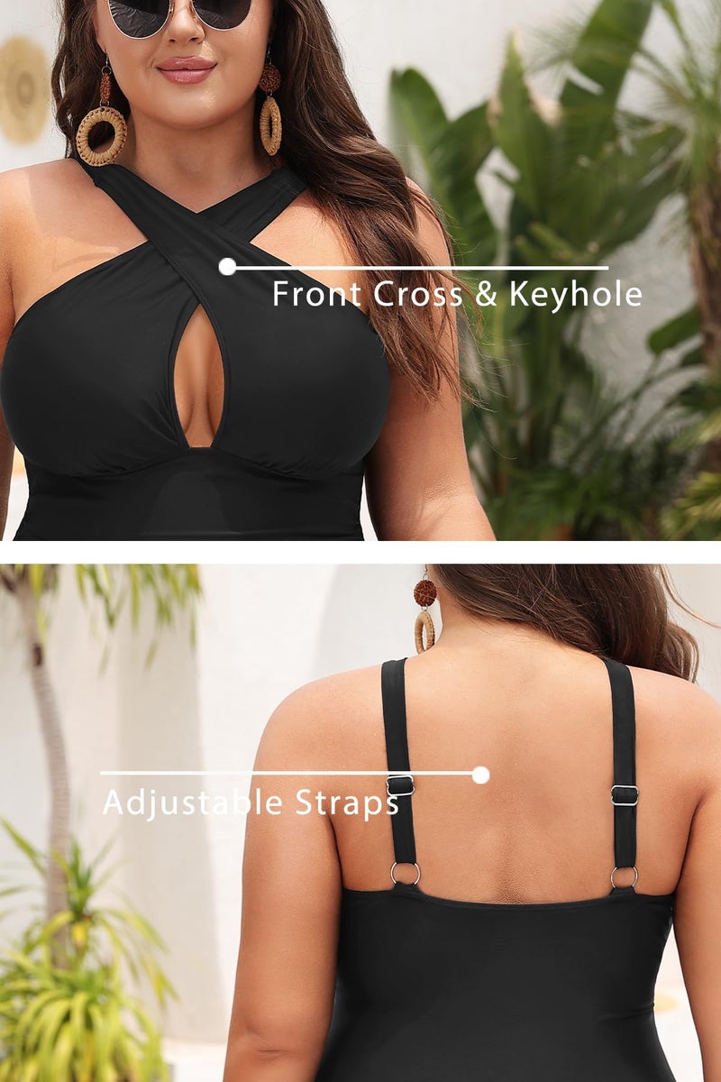 Daci Women Plus Size Swimsuits Tummy Control Black One Piece Bathing Suits Front Cross Keyhole Swimwear Black 20 Plus - Image 5